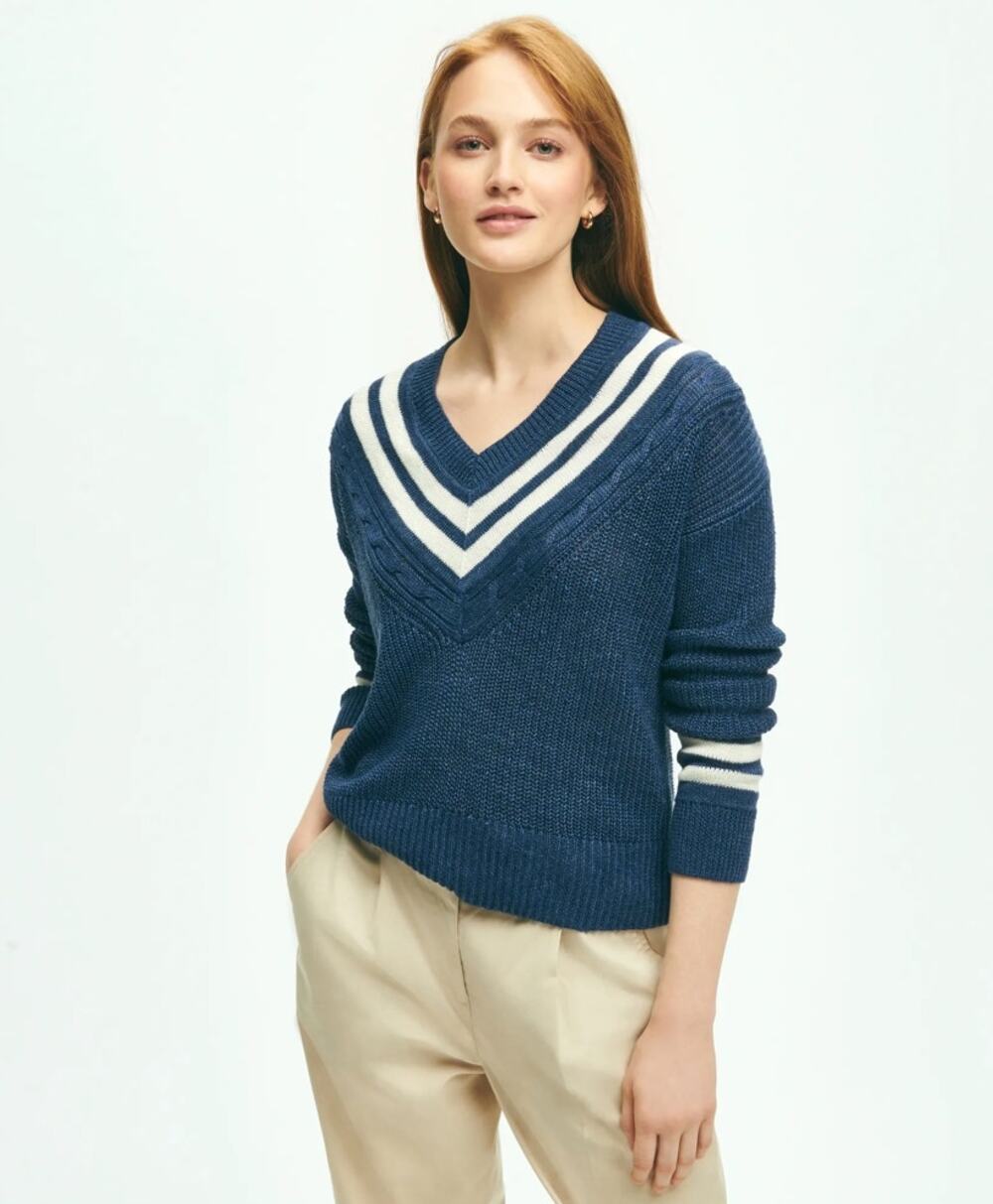 BROOKS BROTHERS Relaxed Linen Tennis Sweater Navy Blue White Sz M $228 {HH34}